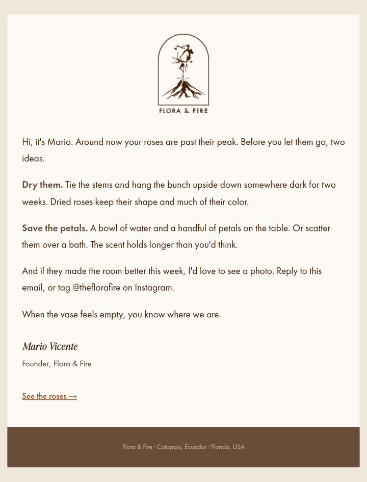 Flora & Fire post-purchase email from the founder with two ideas for roses past their peak